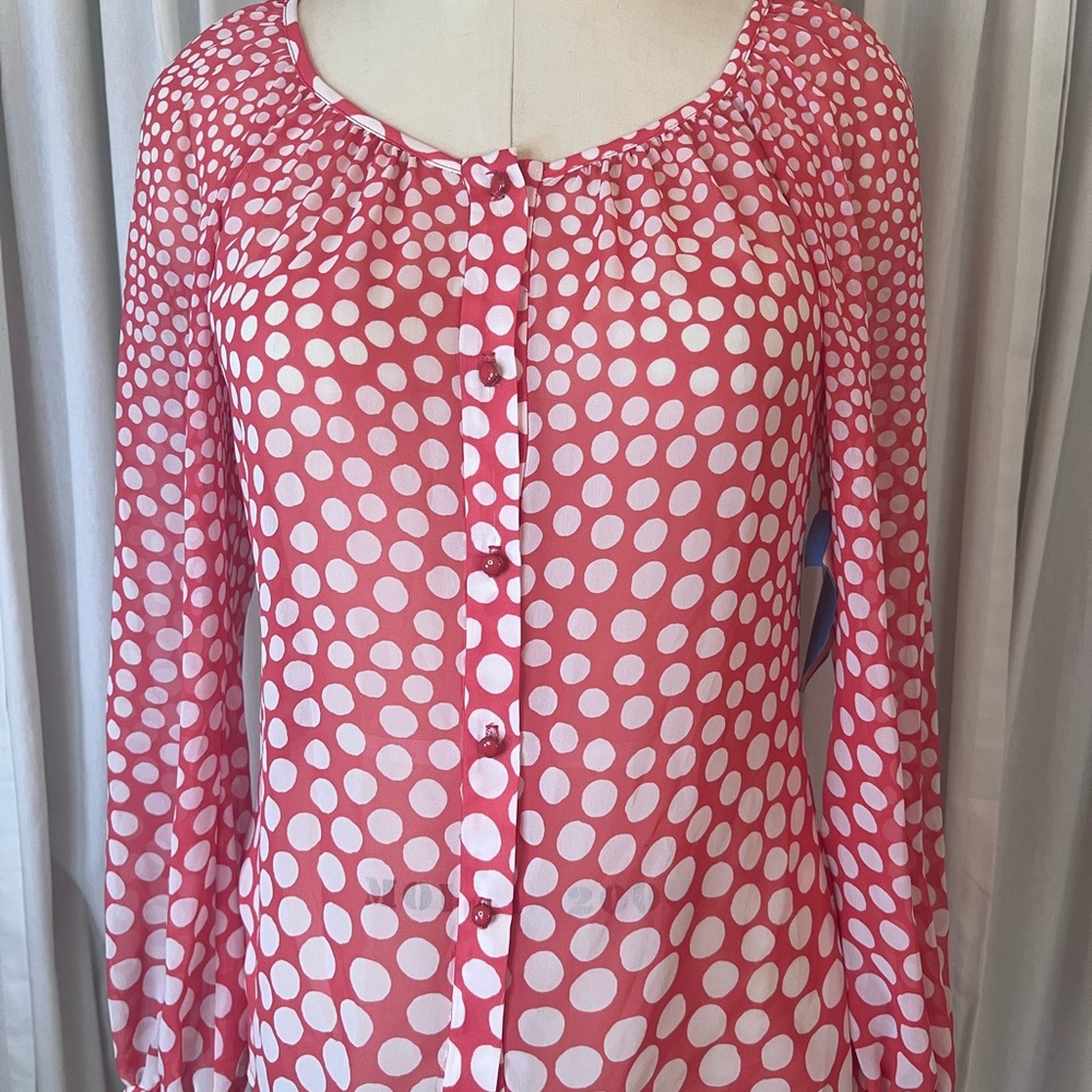 Trina Turk Sample NWT Watermelon/white Sheer Silk Polka Dot Women's Top
